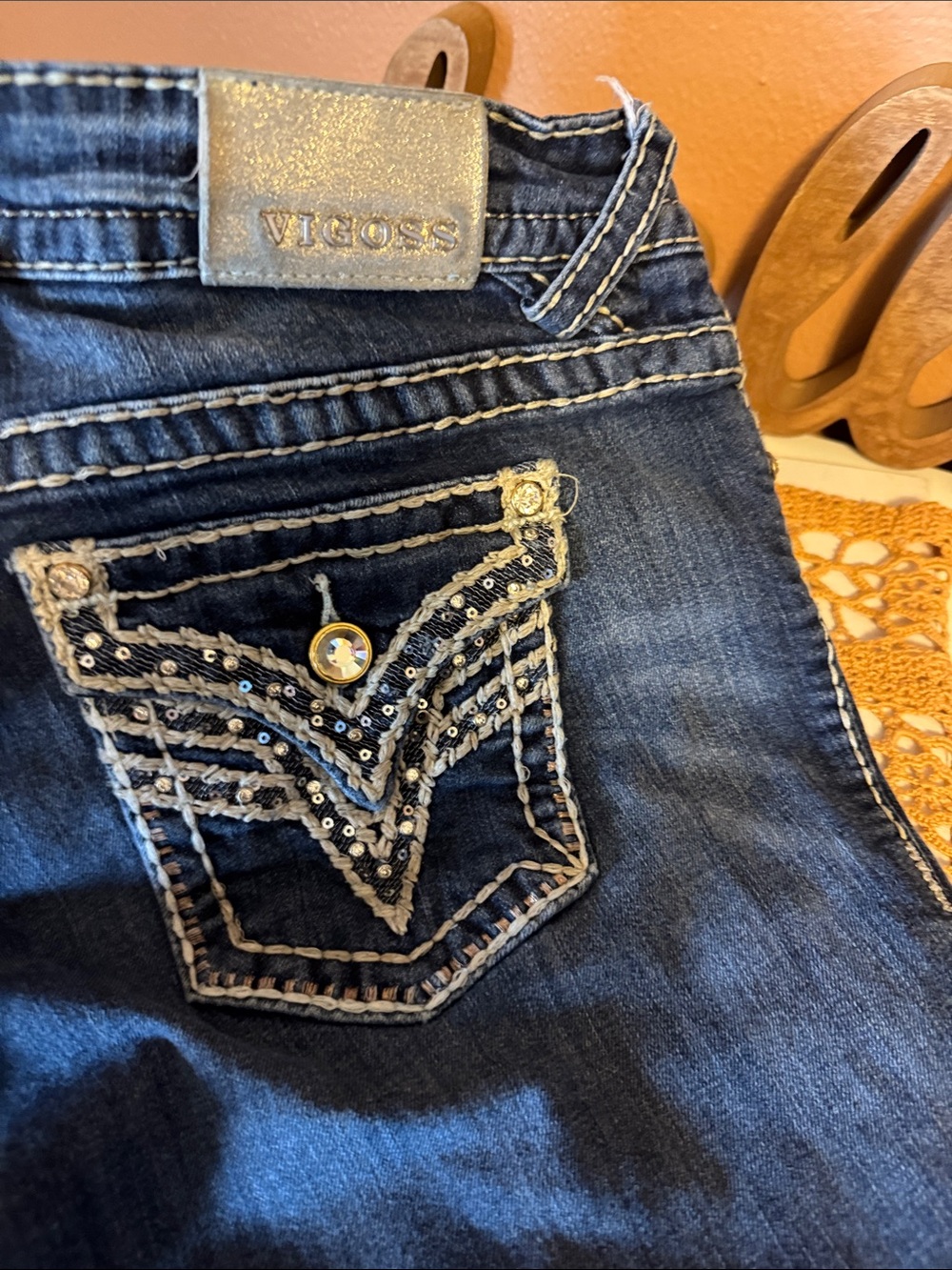 Vigoss Women's Dark Blue capris Jeans with Sequin-Embellished Back Pocket